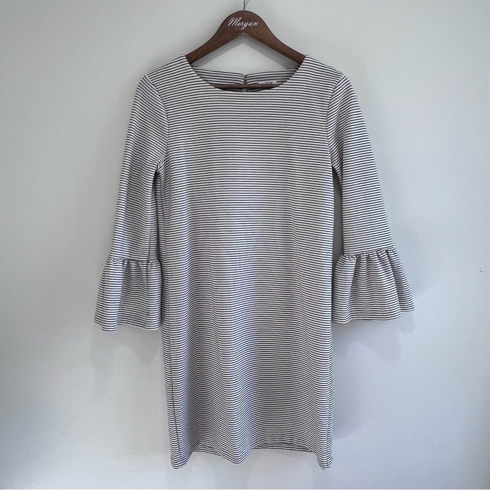J. Crew Striped Ruffle Sleeve Shift Dress, Knee Length Black White Crew Neck, S - Picture 2 of 10